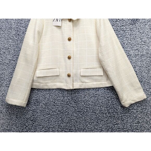 NWT Zara Tweed Cropped Blazer Size XL Gold Button Preppy Office Cream - Picture 4 of 13